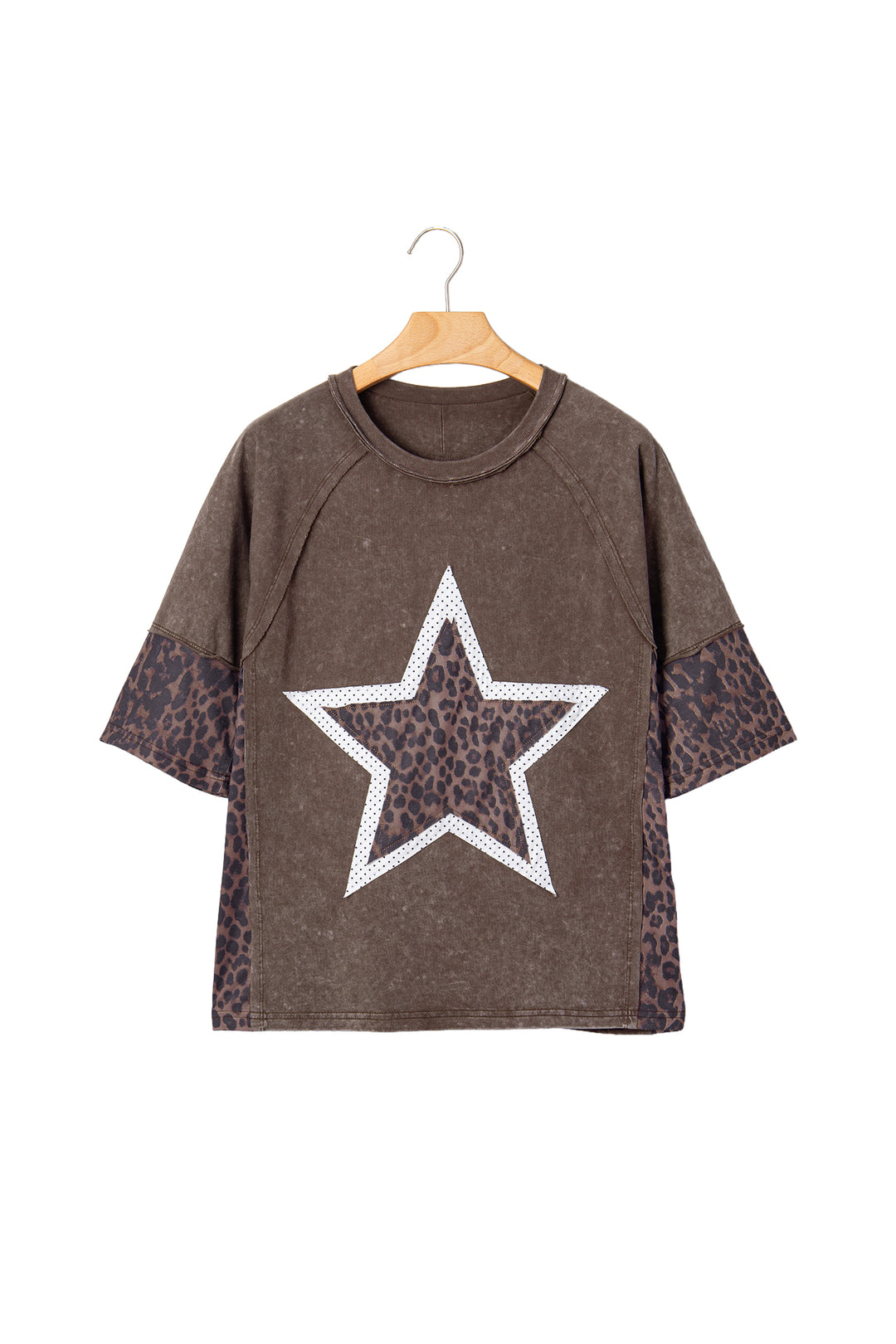 Coffee Mineral Wash Exposed Seam Leopard Star Patched T Shirt