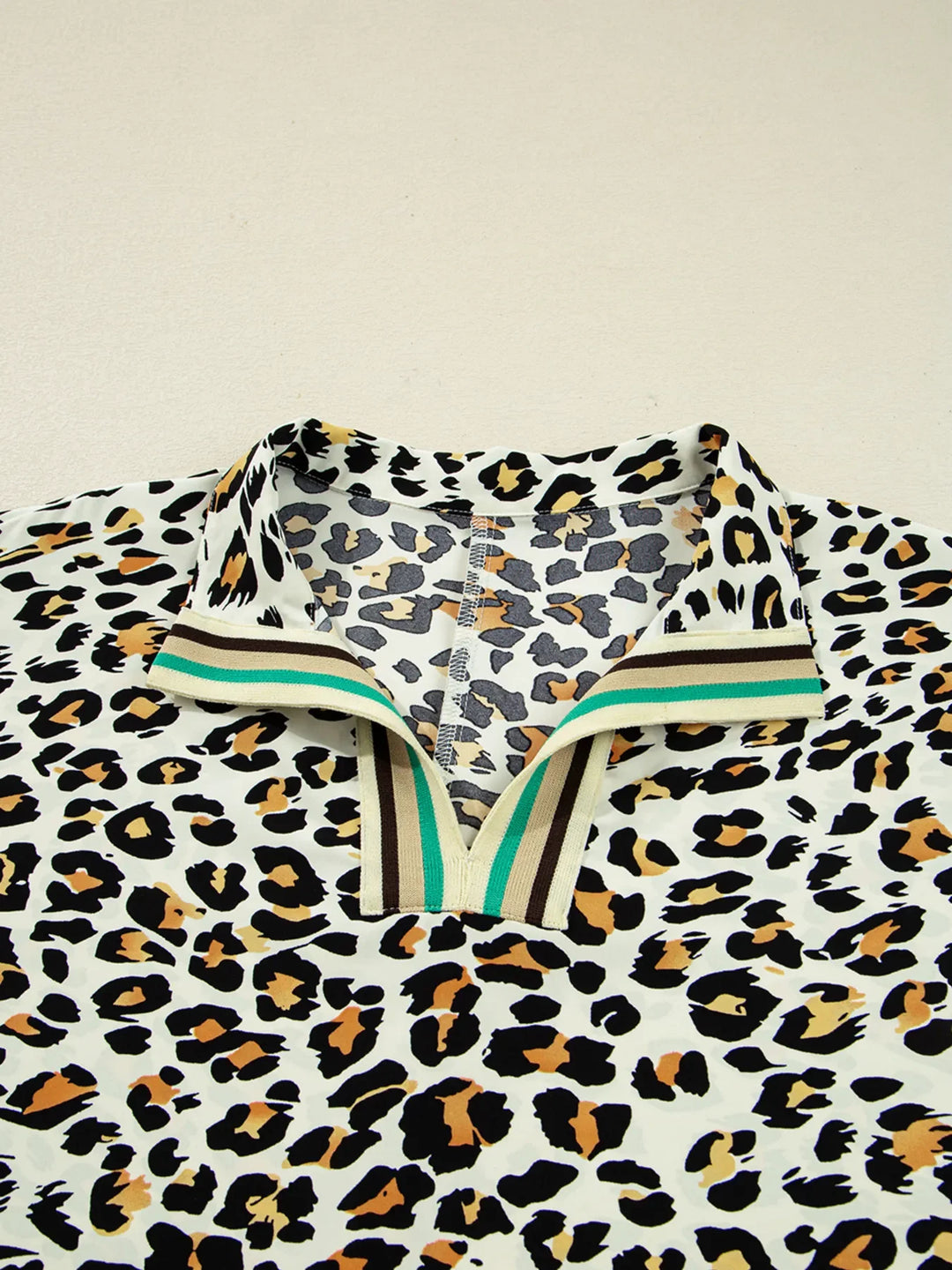 Leopard Print Contrast Striped V Neck Blouse
