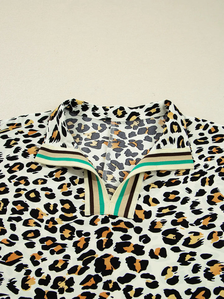 Leopard Print Contrast Striped V Neck Blouse