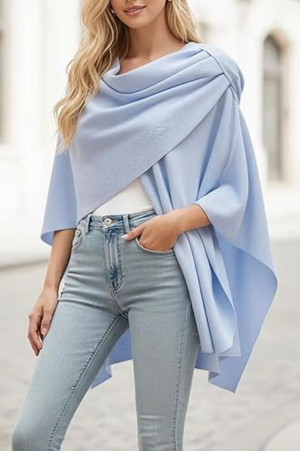 Draped Knitted Split Cape Shawl with Strap