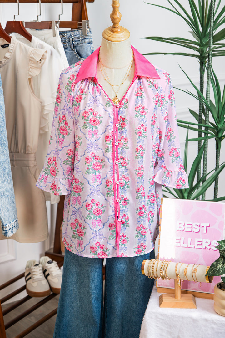 Purple Floral Collared Ruffled Half Sleeve Shirt