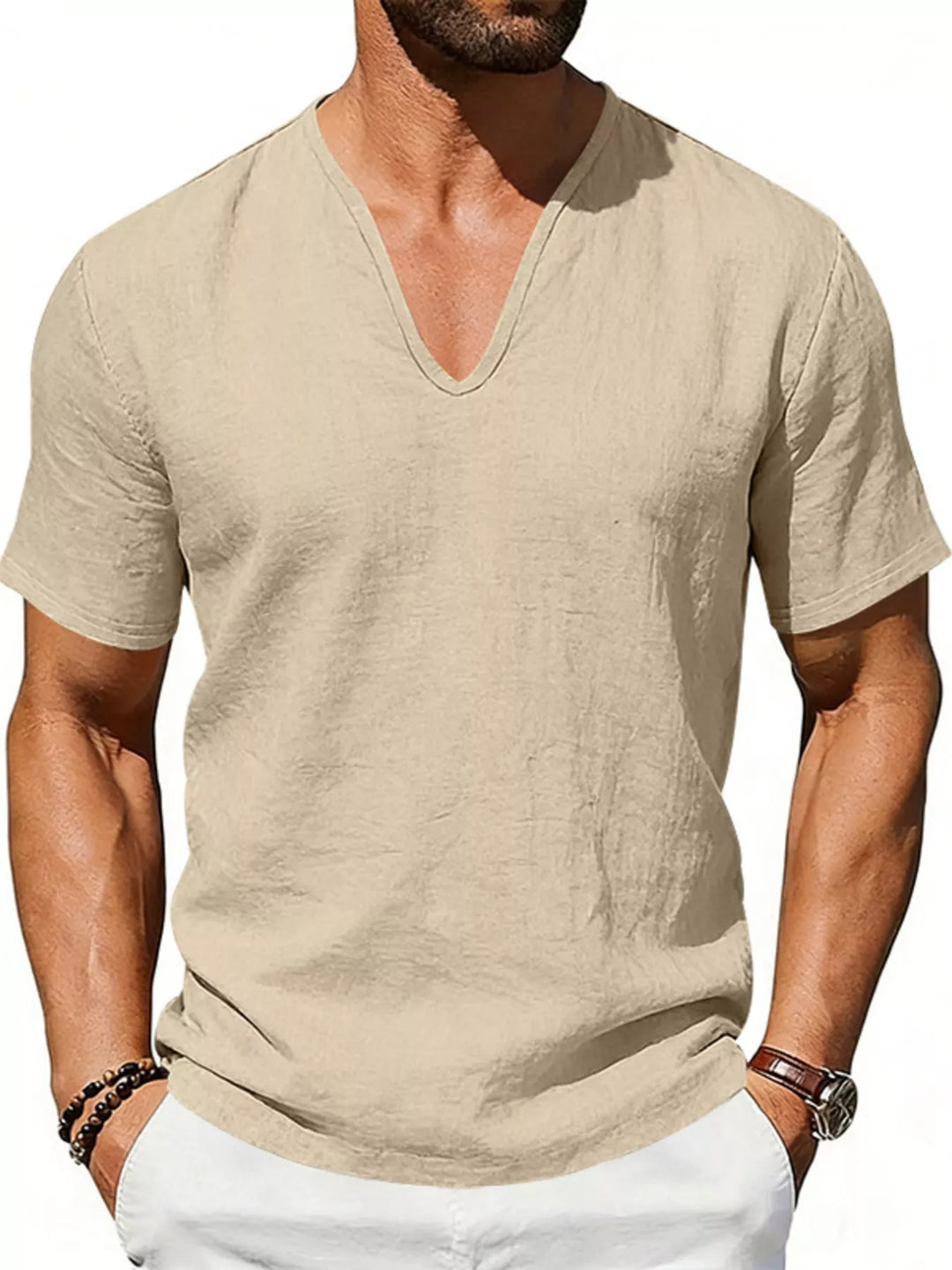 Men's Full Size Casual V-Neck Linen T-Shirt Plus Size