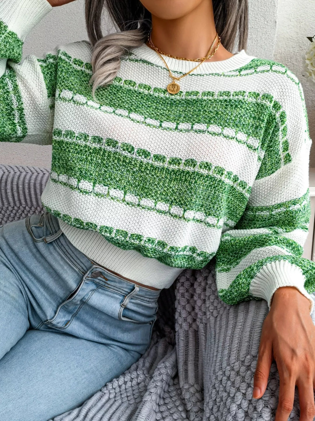 Color Block Round Neck Cropped Sweater