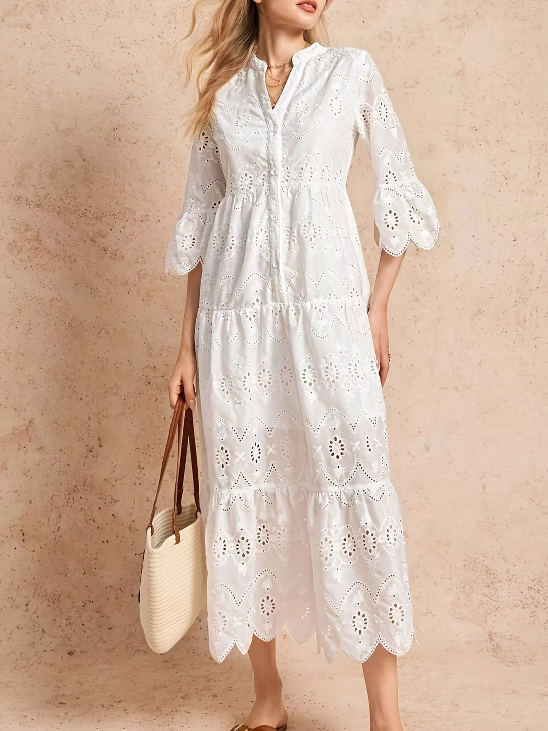 Eyelet Notched Tiered Midi Dress