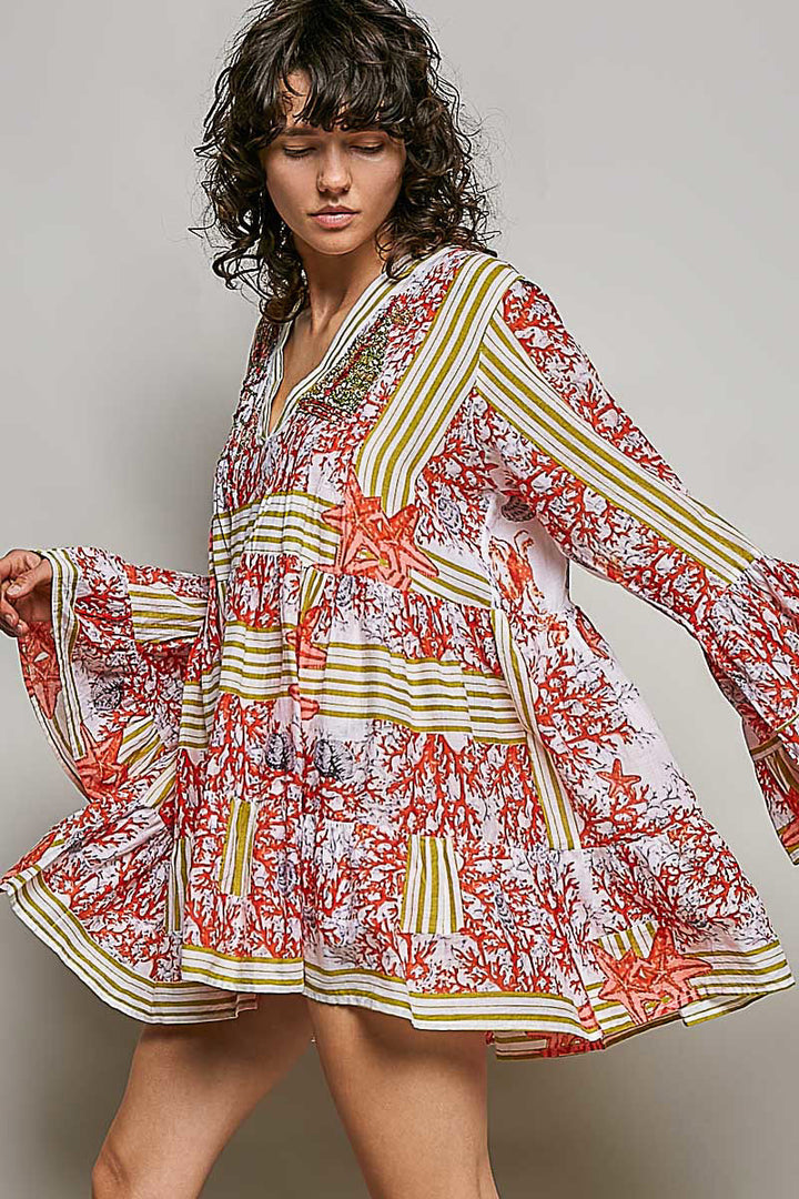 POL Striped Floral Long Sleeve Mini Dress with Pintuck Detail