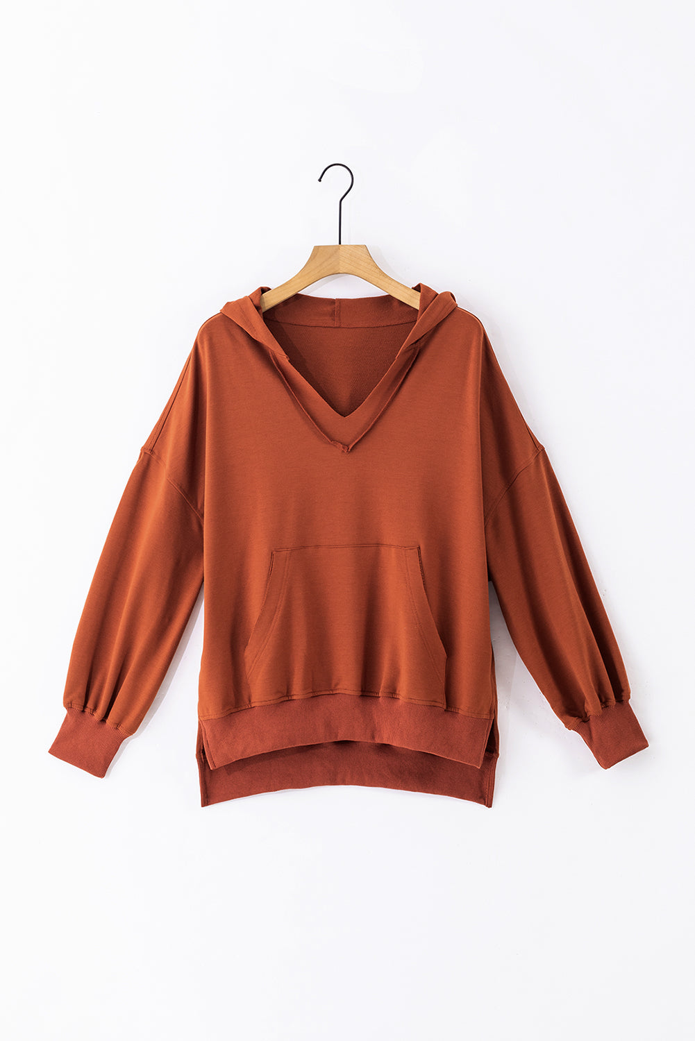 Sweat à capuche surdimensionné marron à col en V et poche kangourou