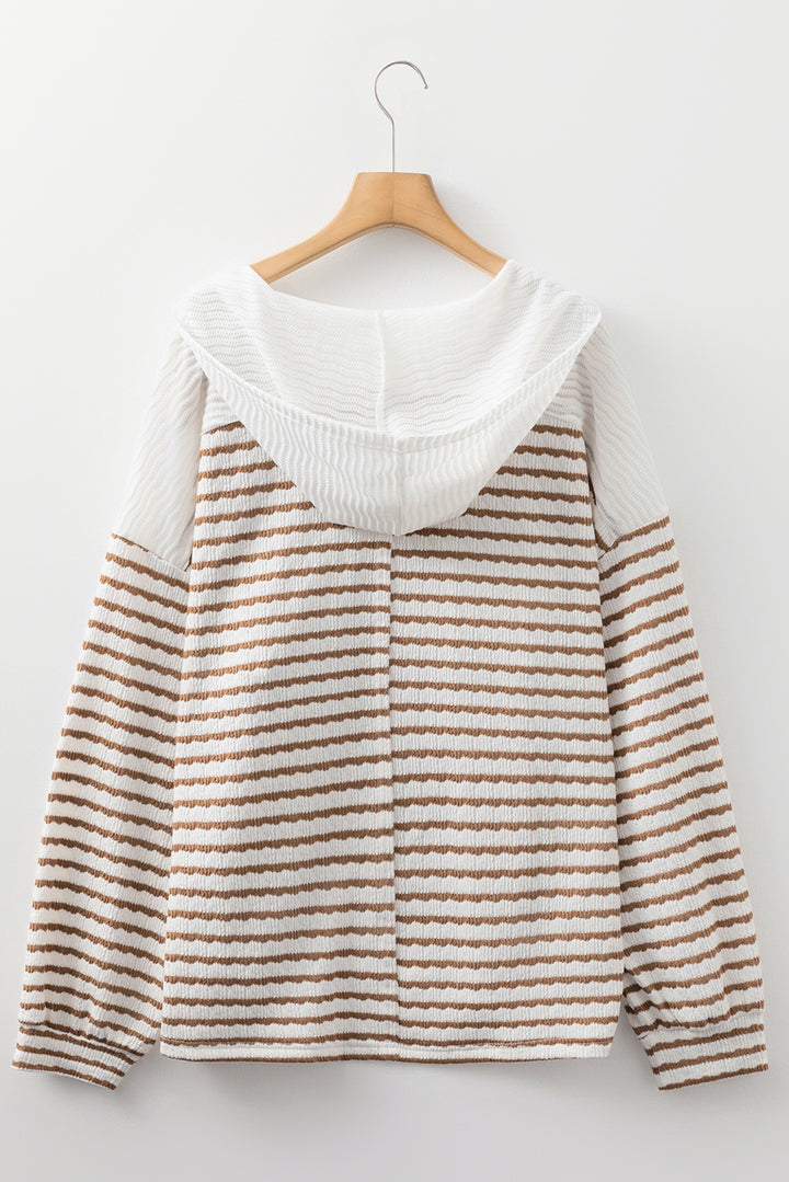 Khaki Stripe Buttoned V Neck Textured Hooded Plus Size Top