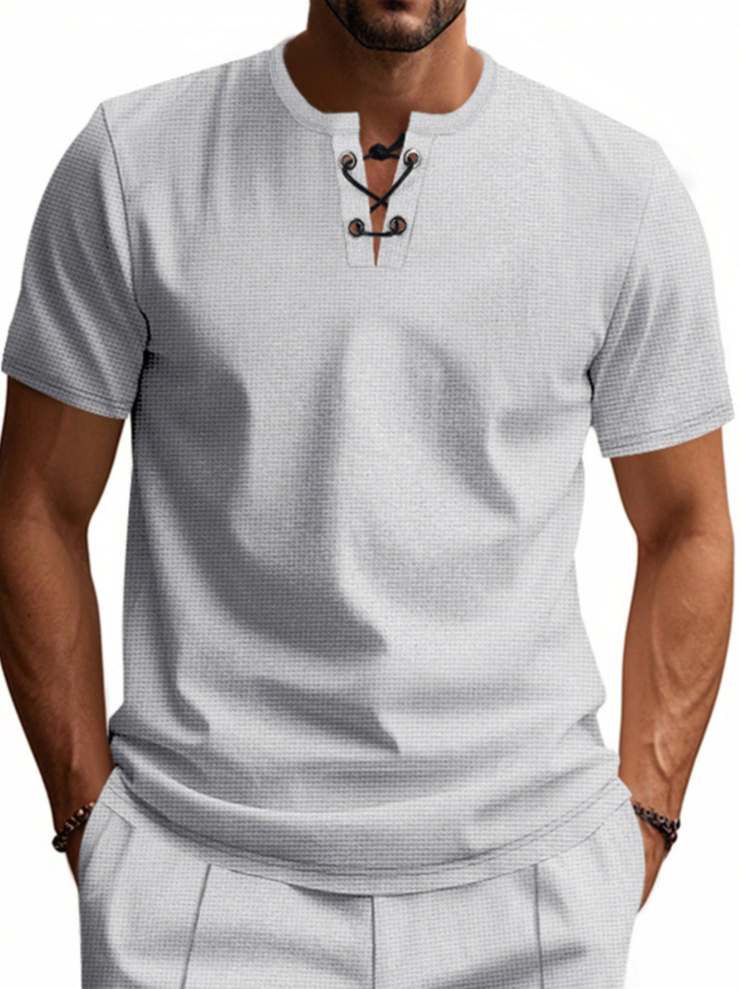 Men's Full Size Lace-Up Neck T-Shirt Plus Size