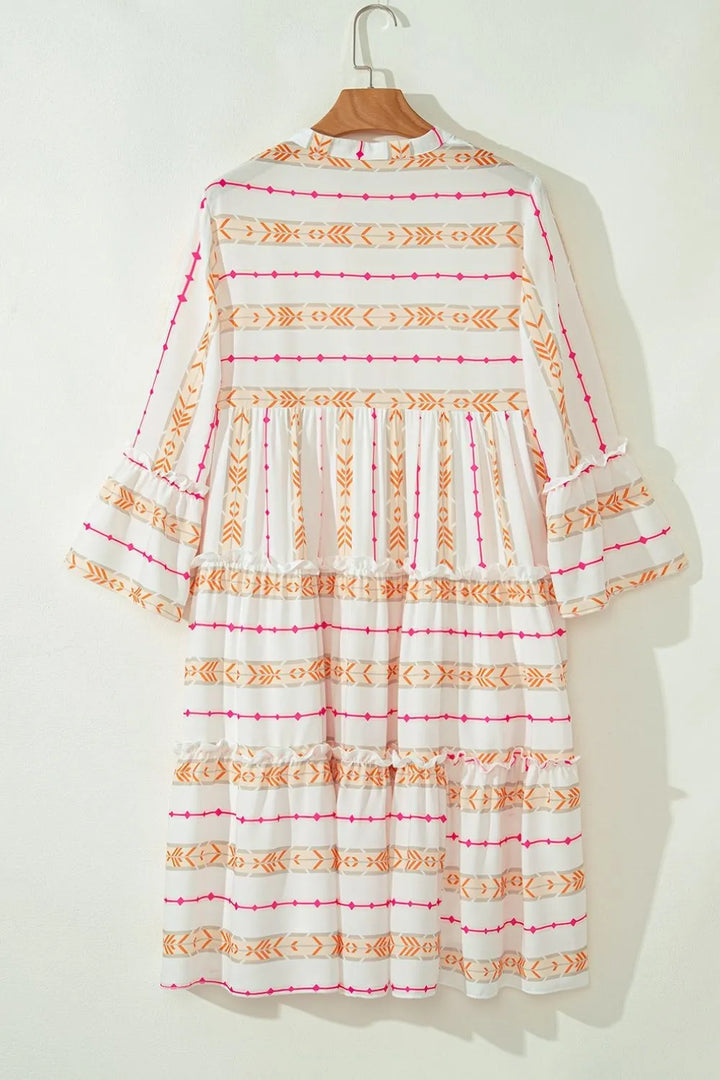 Printed Ruffled Notched Loose Dress