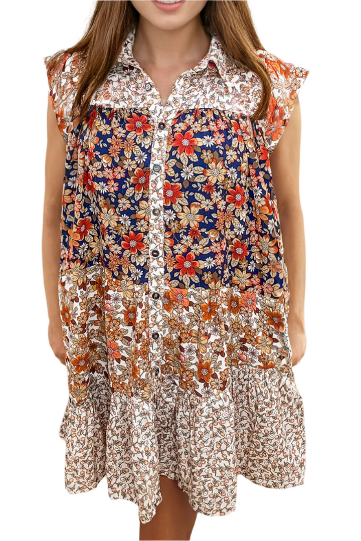 Beige Plus Size Floral Patchwork Button Front Collared Mini Dress