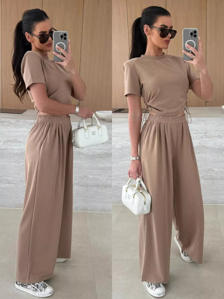 Drawstring Crop Top and Wide-Leg Pants Set