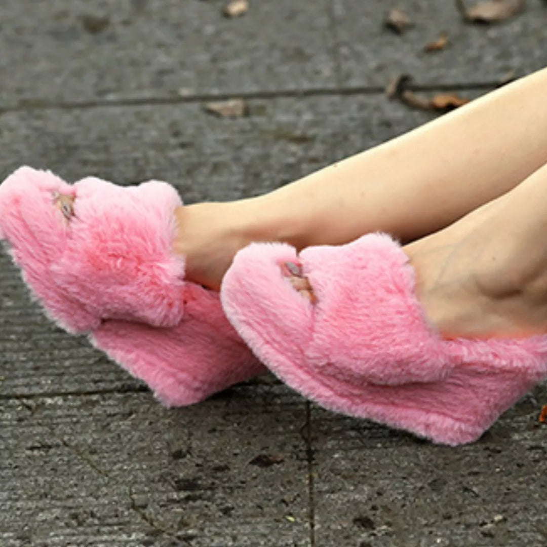 Fluffy Platform Wedge Slippers