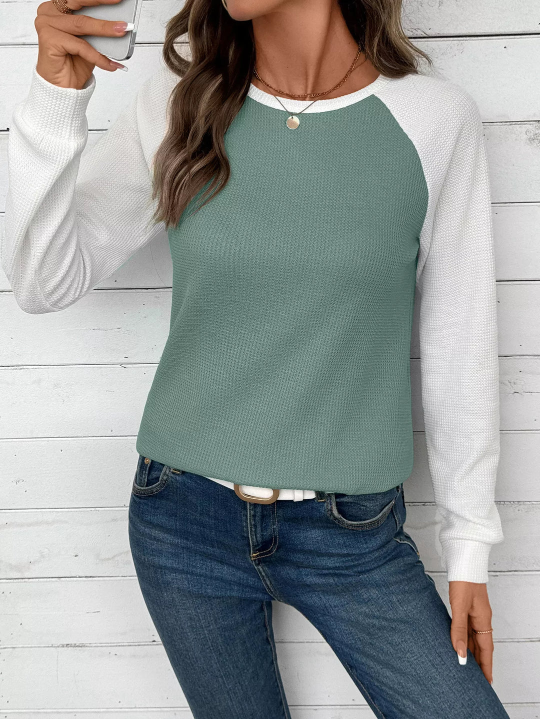 Contrast Raglan Sleeve Waffle Knit T-Shirt