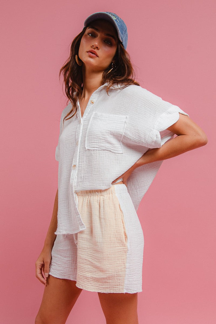 BiBi Wrinkled Gauze Solid Shirts Top and Shorts Set