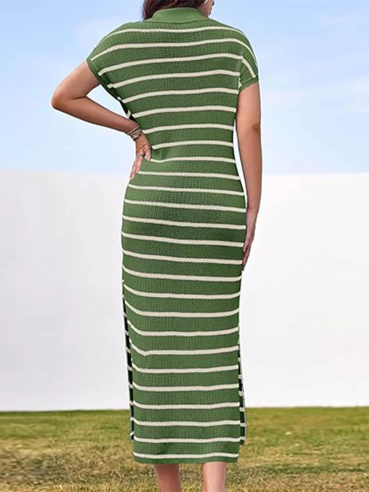 Striped Knit Slit Short Sleeve Midi Dress