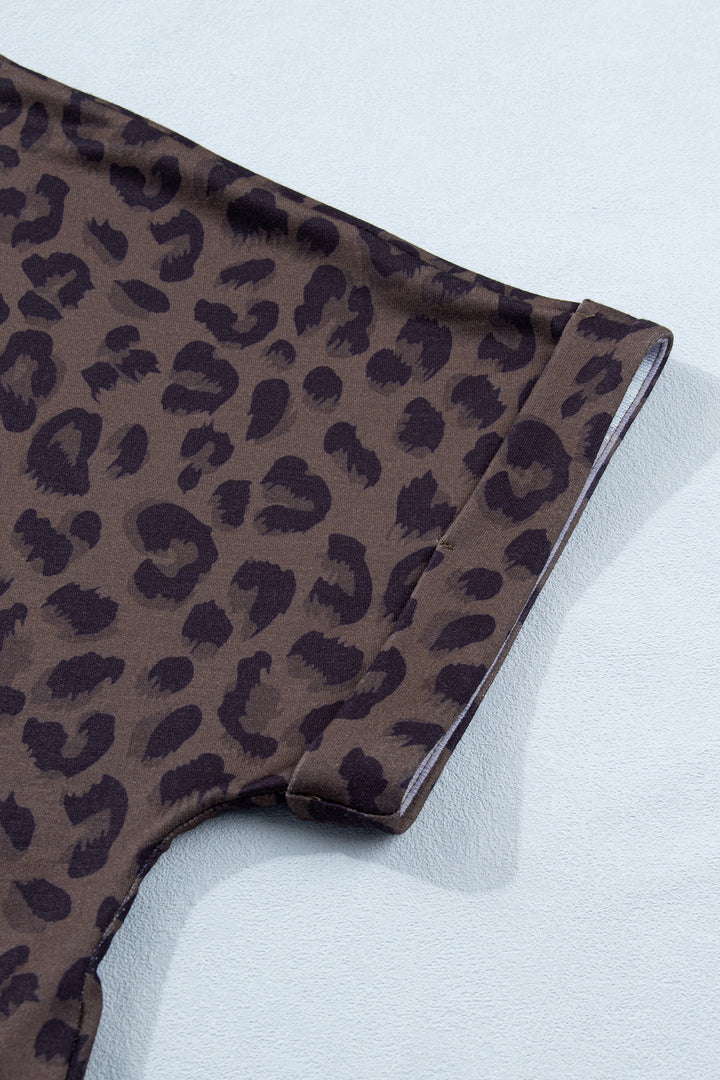 Brown V Neck Collar Leopard Printed 2pcs Short Set