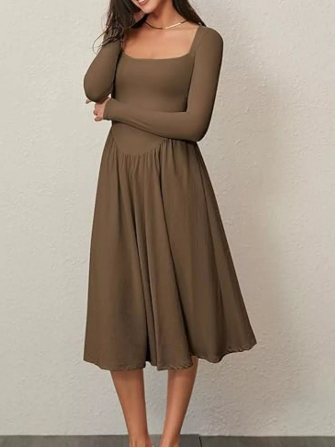 Square Neck Long Sleeve Midi Dress
