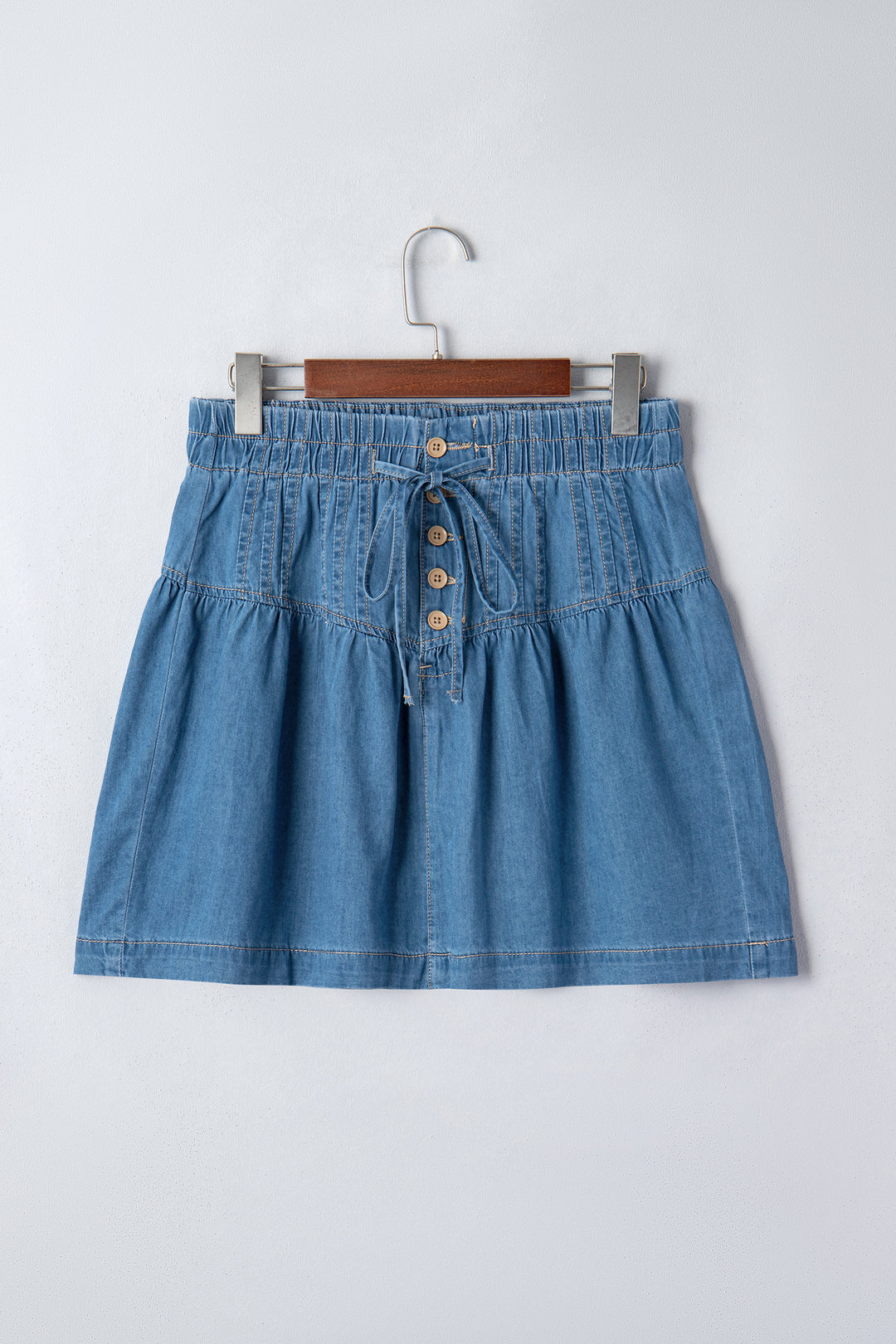 Sky Blue Half Buttons Pleated High Waist Denim Mini Skirt with Drawstring