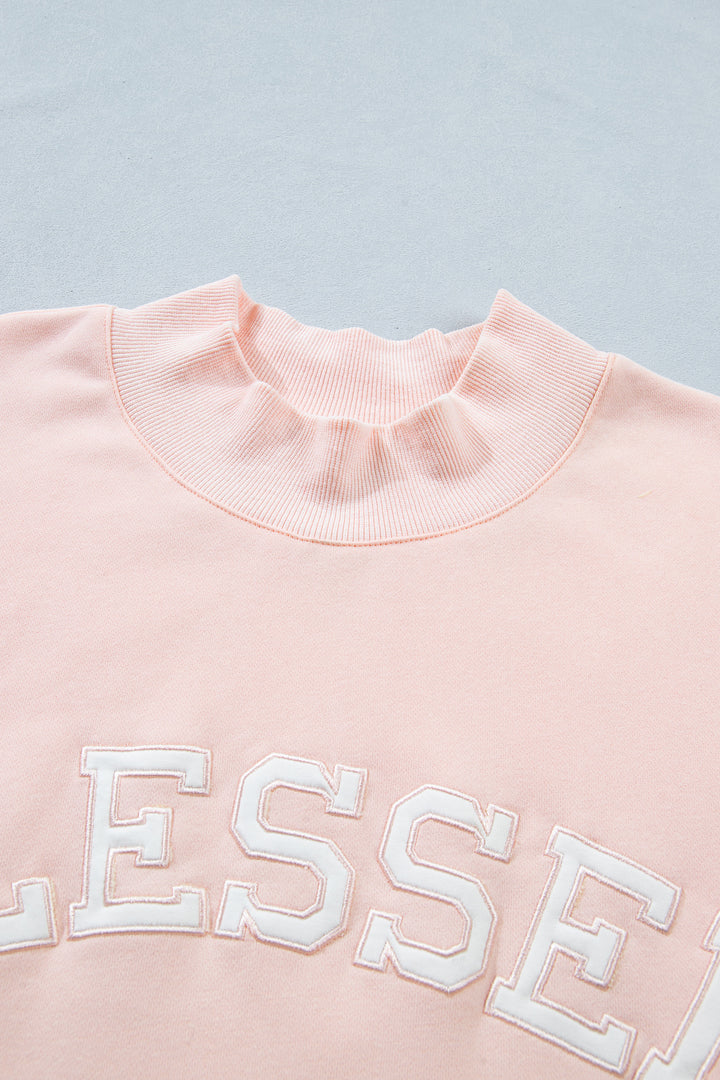 Light Pink BLESSED Embroidered Trim Patch Graphic Plus Size Mock Neck Sweatshirt
