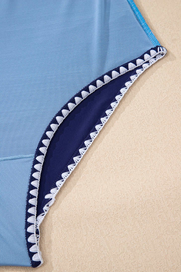 Beau Blue Ric Rac 飾邊撞色拼布鏤空連身泳衣