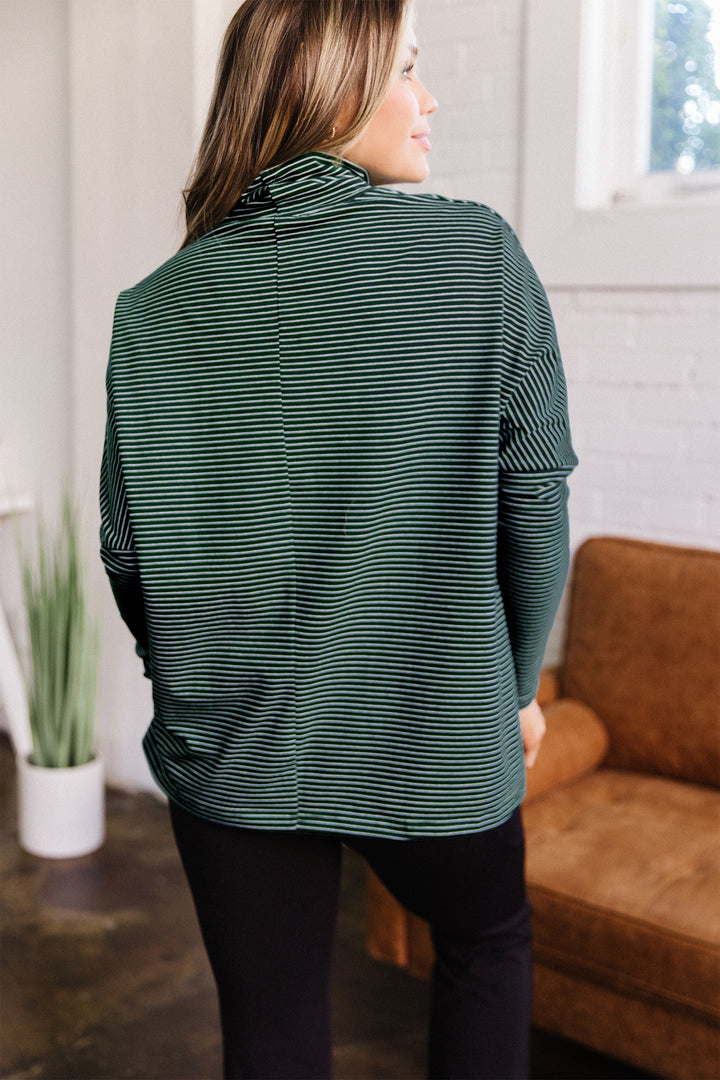 Green Stripe High Neck Dropped Shoulder Long Sleeve Casual Top