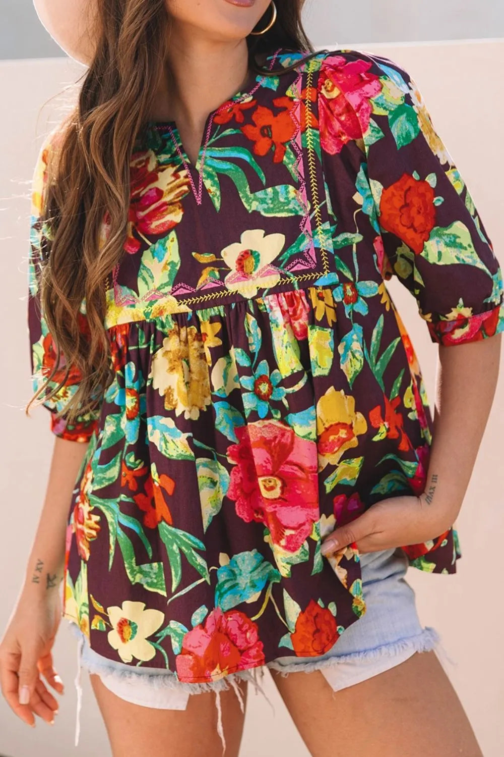 Flower Embroidered Trim Half Sleeve Blouse
