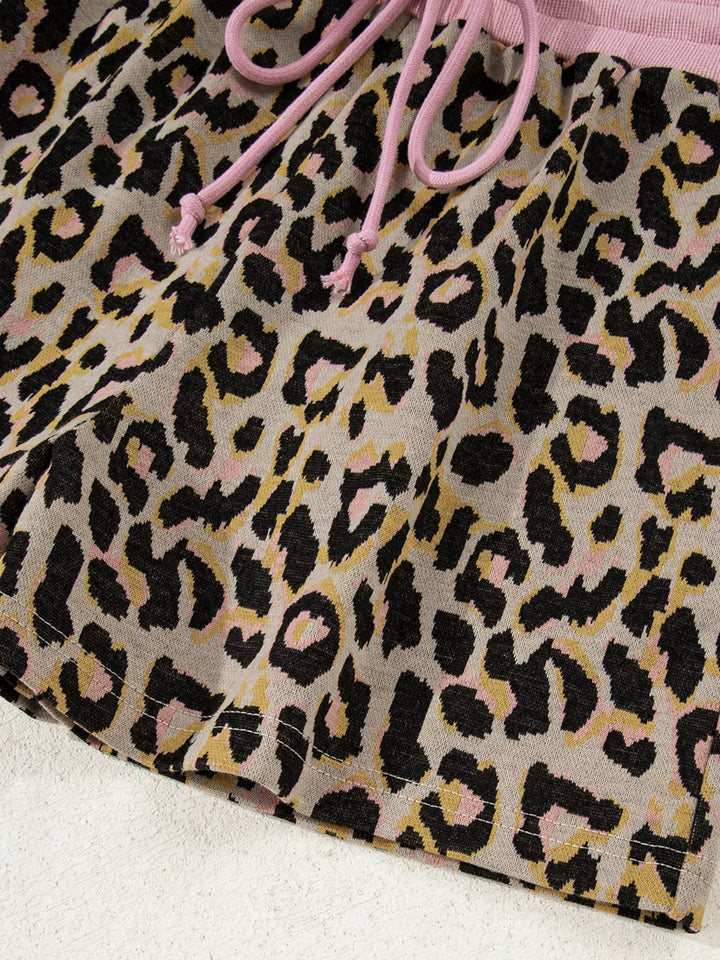 Leopard Print Contrast Edge Long Sleeve Pullover Shorts Set