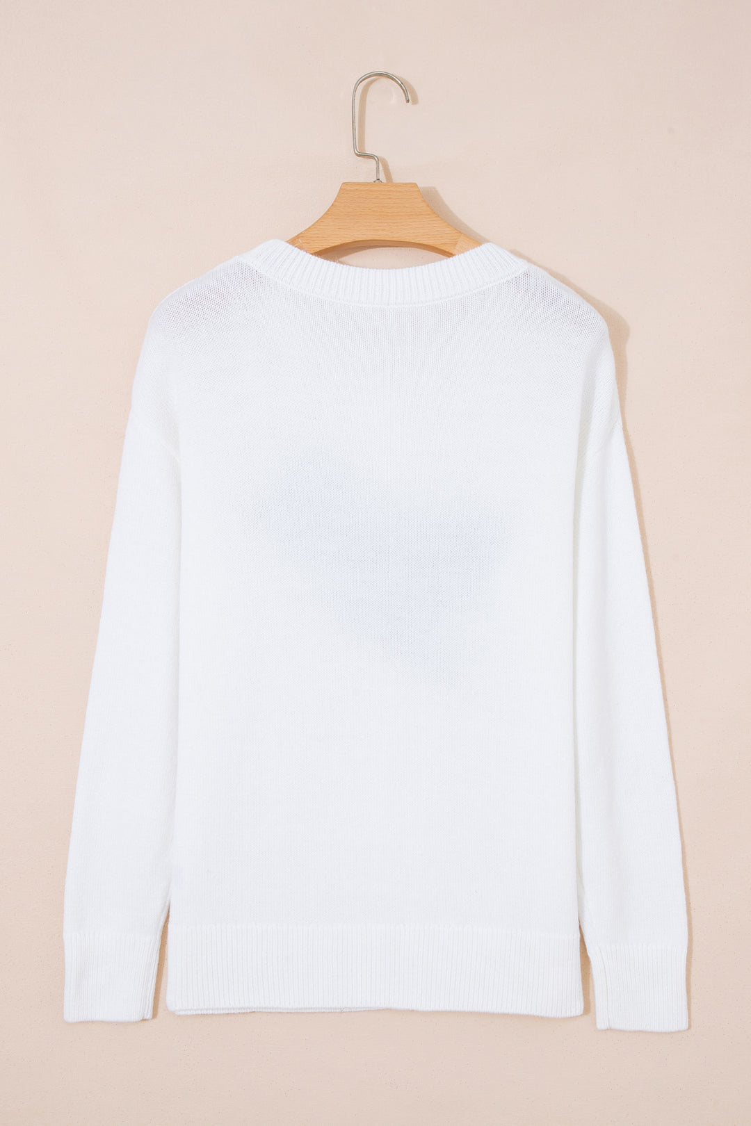 White Drop Shoulder Round Neck Long Sleeve Pullover Sweater