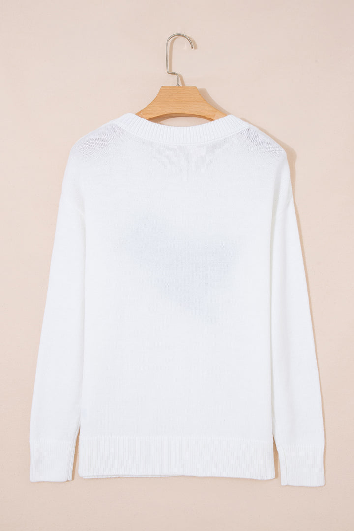 White Drop Shoulder Round Neck Long Sleeve Pullover Sweater