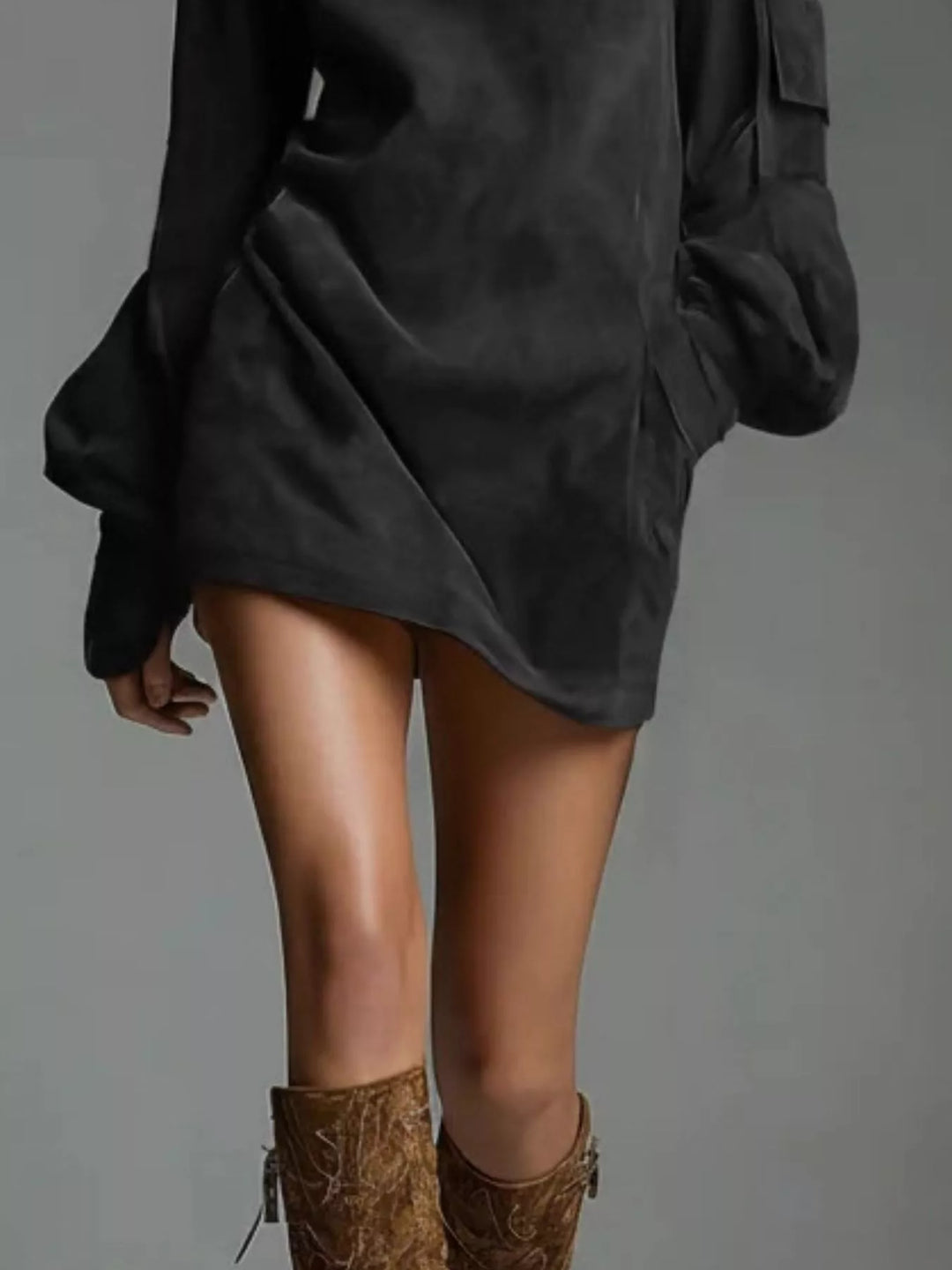 Full Size Suede Turtleneck Lantern Sleeve Mini Dress Plus Size