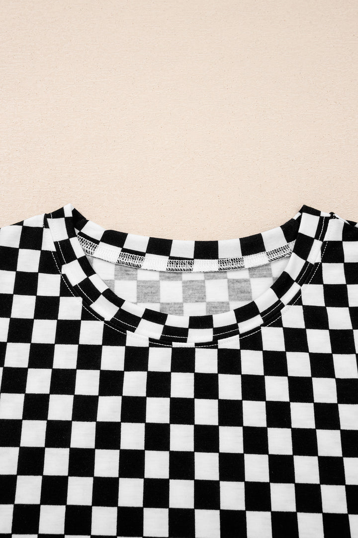 Black Checkered Print Half Sleeve Tee 2pcs Lounge Pant Set