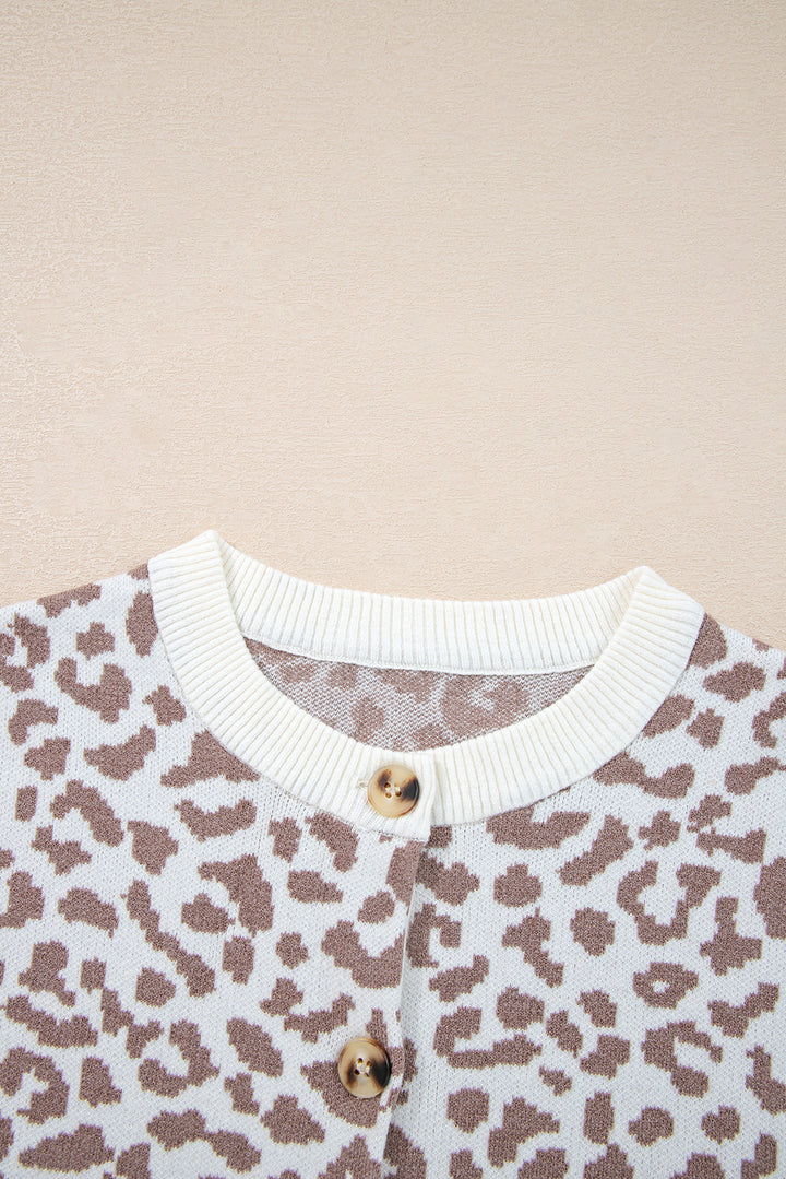 Khaki Leopard Drop Shoulder Chunky Knitted Cardigan Sweater