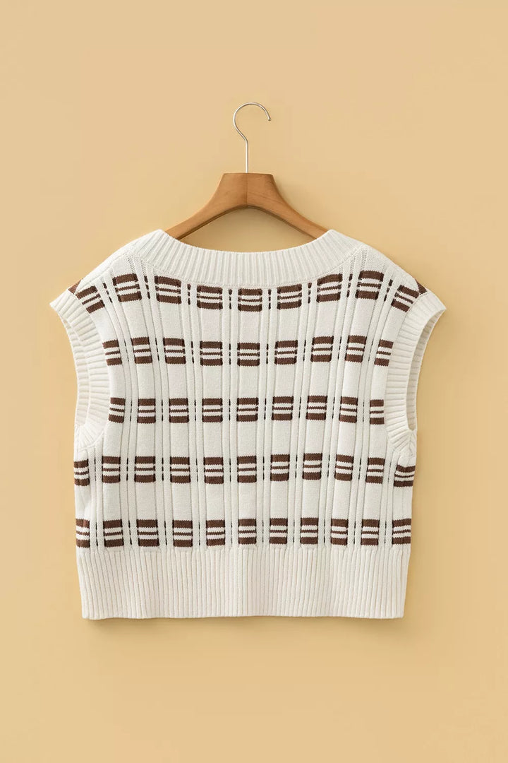 Contrast Geometric Textured Knit V Neck Cropped Sweater Vest