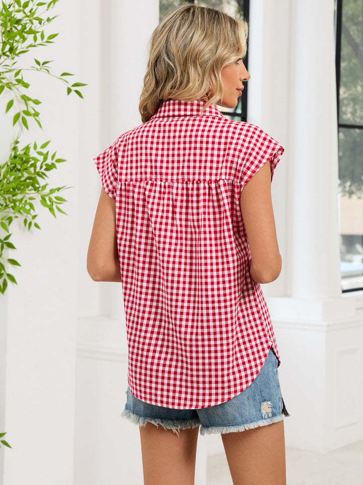 Plaid Button Up Cap Sleeve Shirt