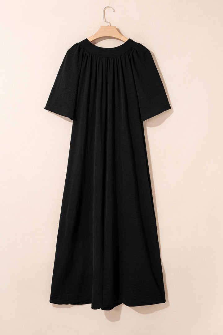 Black Plus Size Solid Color Notched Neck Short Sleeve Loose Dress