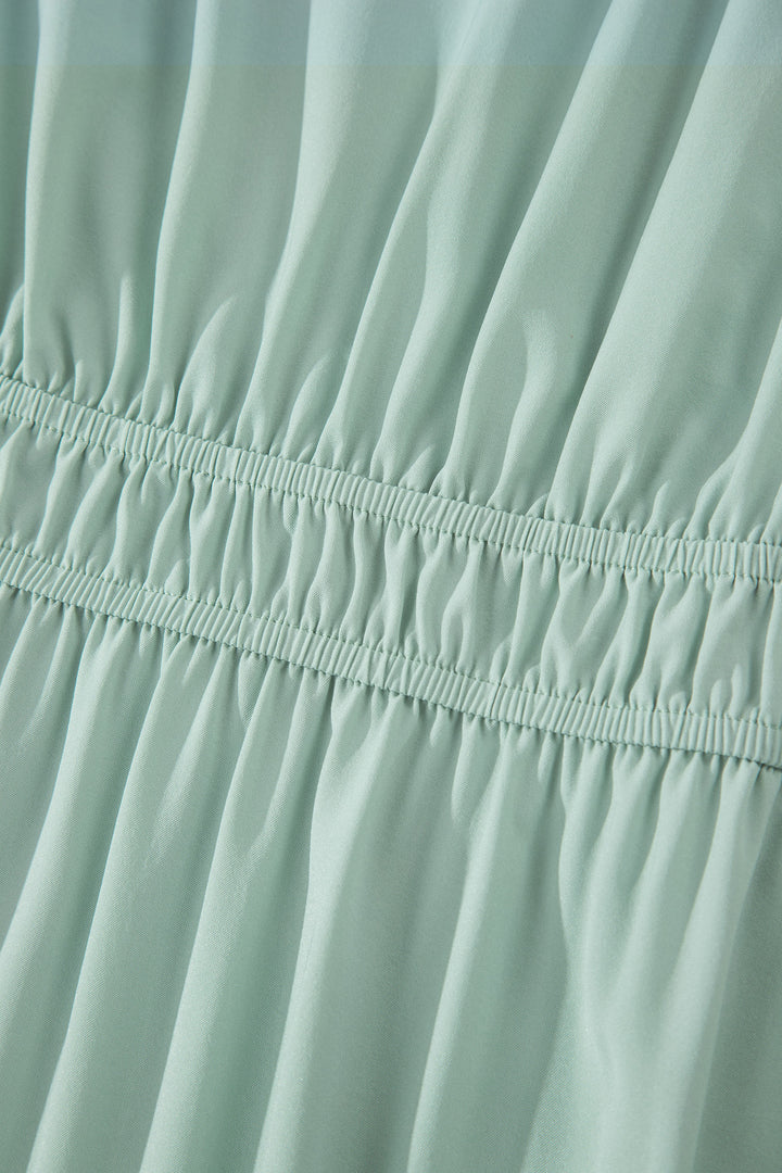 Clearly Aqua Solid Color V Neck Short Puff Sleeve High Waist Tiered Maxi Dress