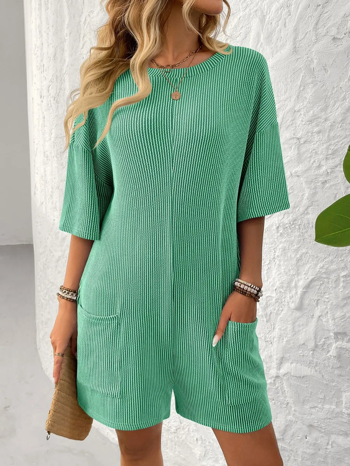 Backless Textured Round Neck Half Sleeve Romper