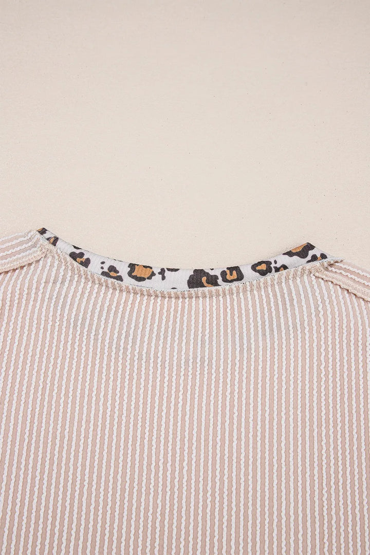 Leopard Trim Round Neck Ribbed T-Shirt