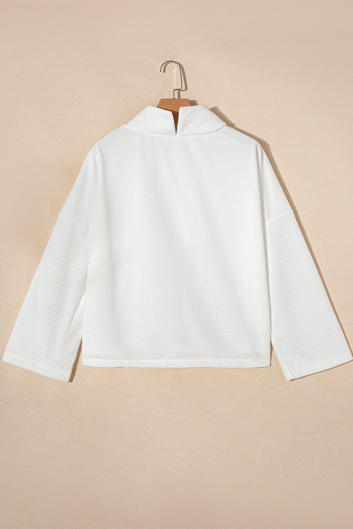 Snow White Ribbed High Neck Drop Shoulder Loose Top