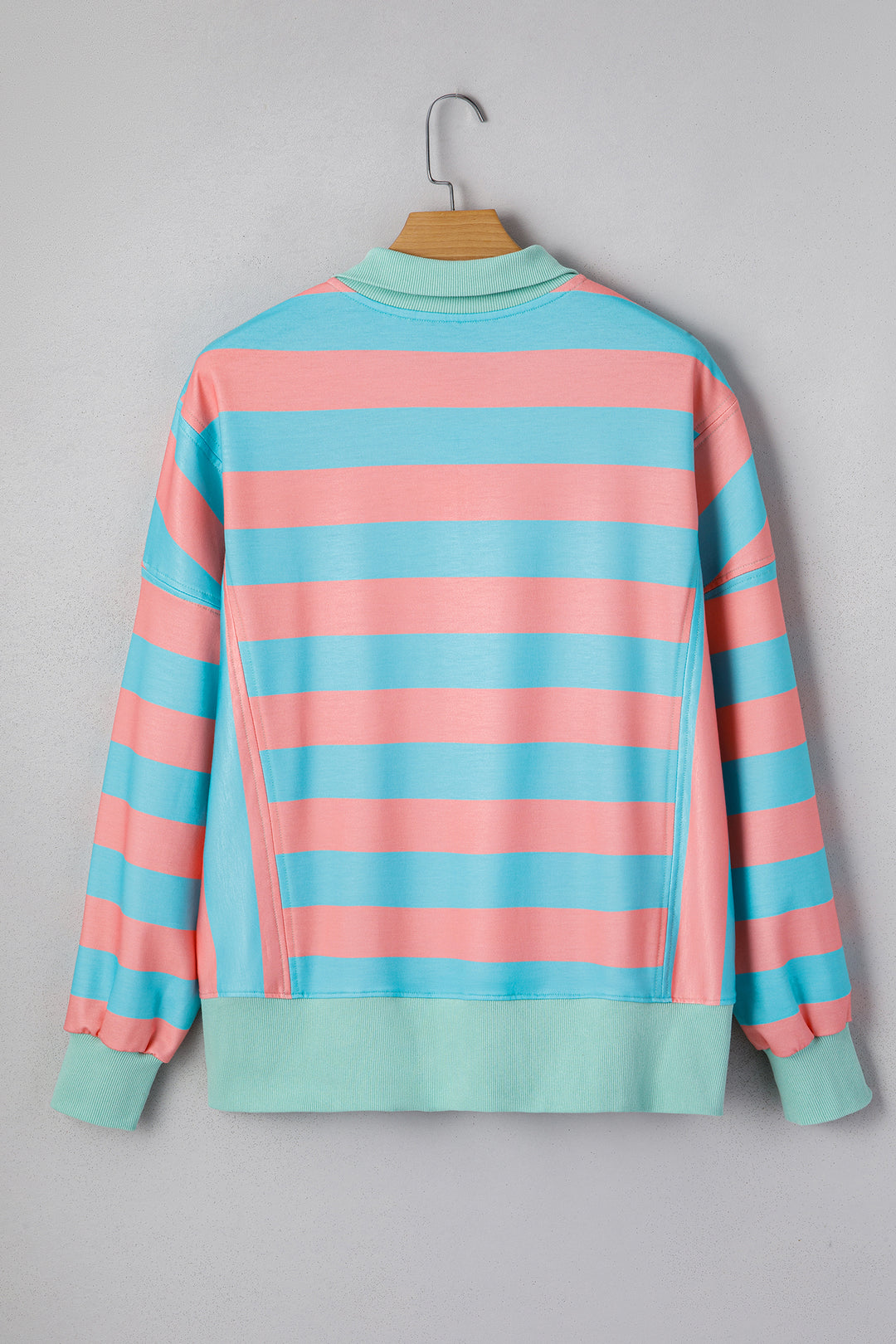 Pink Stripe Colorblock Drop Shoulder Buttoned Collar Side Slit Pullover Top