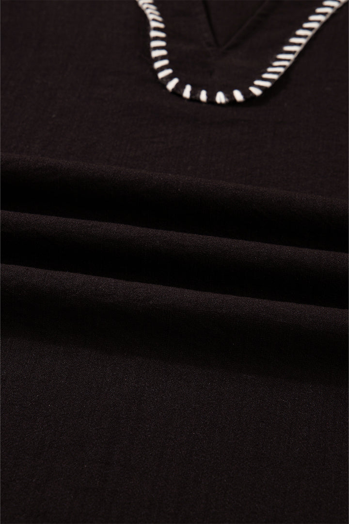 Black Contrast Stitched Detail V Neck Ruffle Long Sleeve Blouse