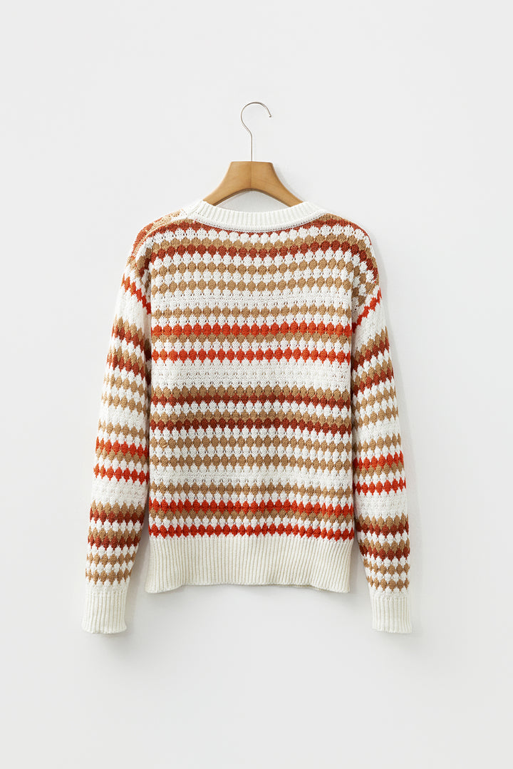Brown Stripe Eyelet Patterned Drop Shoulder Sweater