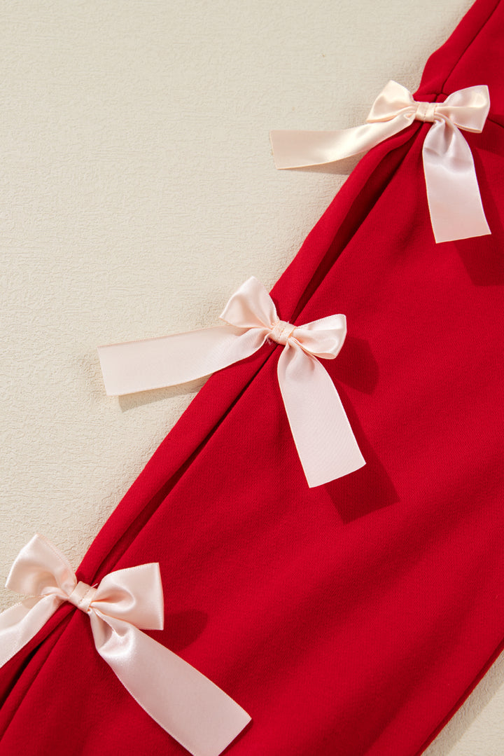 Racing Red Striped Collar Patchwork Satin Bow Sweatshirt and Shorts Set