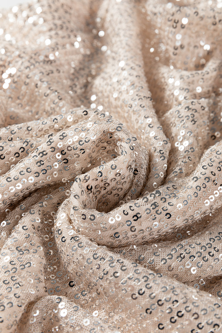 Jet Stream Sequin Mock Neck Drape Open Back Bell Sleeve Top