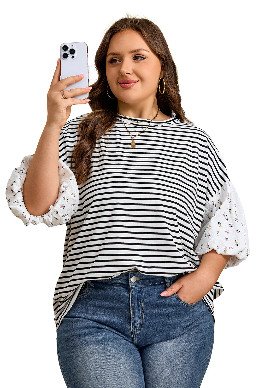 Black Stripe Plus Size Striped Short Sleeve Top with Floral Puff Sleeves