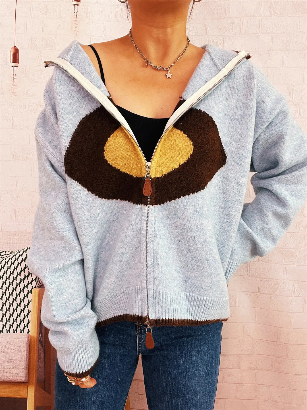 Zip-Up Contrast Trim Cardigan