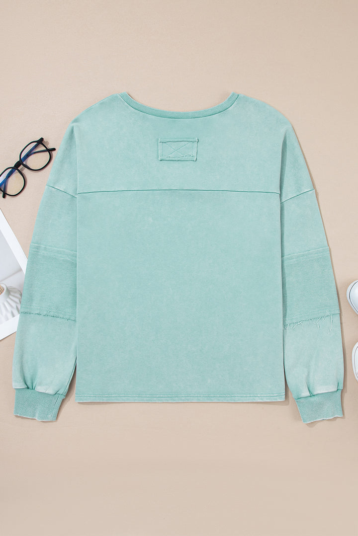 Mist Blue Mineral Wash Exposed Seam Buttoned V Neck Pullover Top