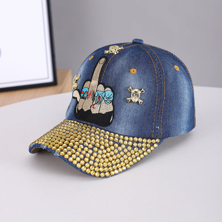 Men's And Women's Matching Metal Skull Embroidered Cap With Diamond-Studded Brim - A Unique Dark Style Flat Brim Hat Suitable For Streetwear And Casual Party Attire
