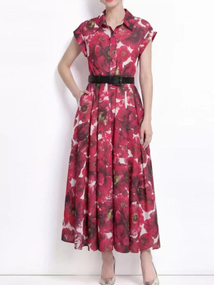 Printed Button Front Cap Sleeve Dress