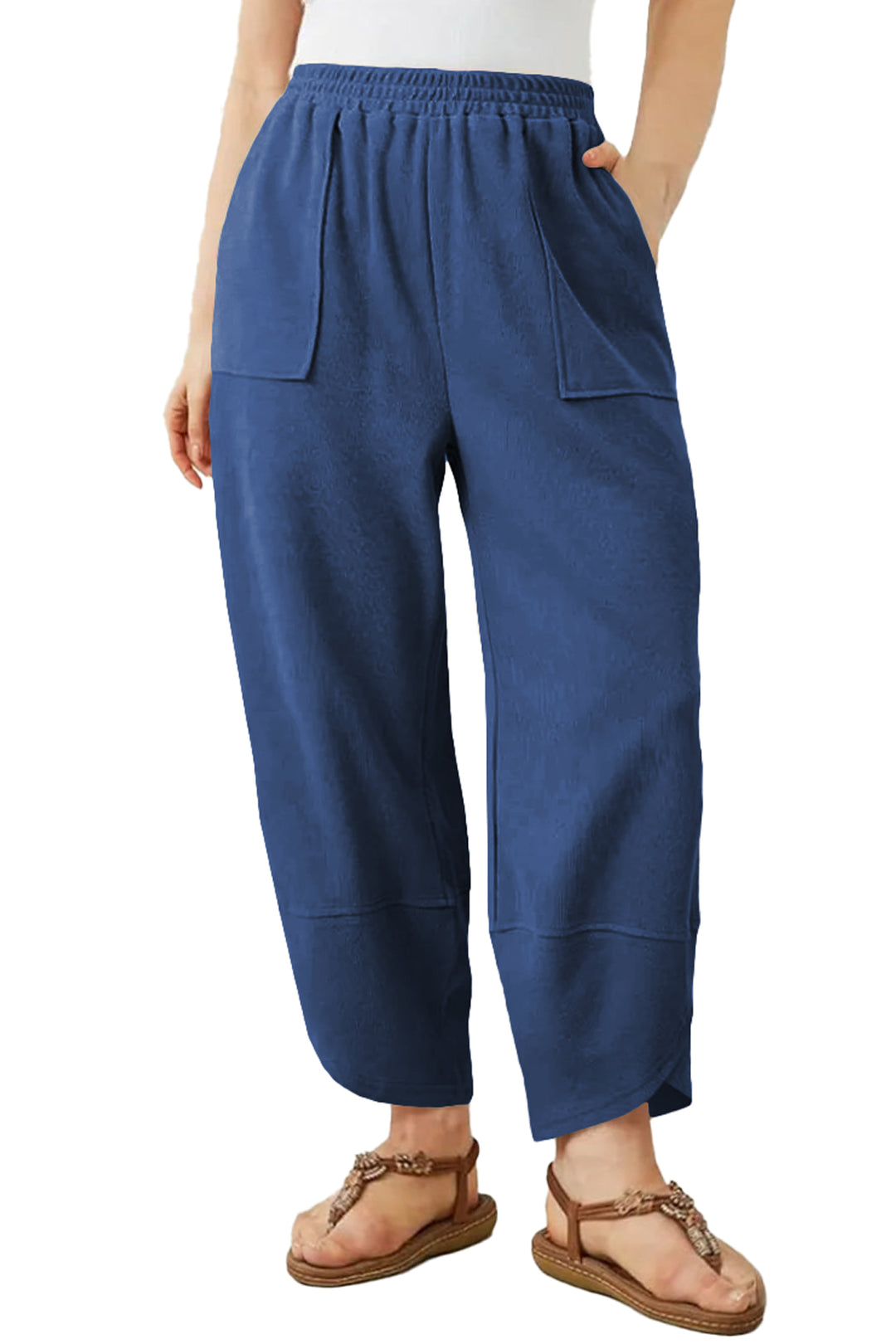 Sail Blue Plus Size Elastic Waist Asymmetrical Hem Loose Capris Pants